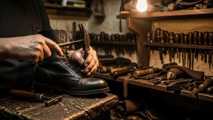 A cobbler in his workshop hammering an eyelet into a leather boot.