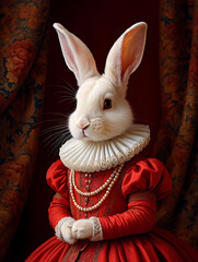 A regal white rabbit wears a luxurious red dress and pearl necklace, posing elegantly with paws clasped.