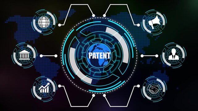 patent inscription, new business concept Business, Technology, Internet and network concept. world map background 