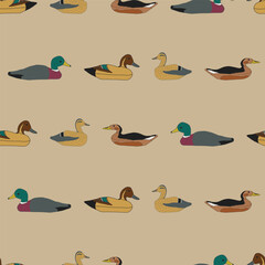 Vintage Decoy Ducks in Stripes on a Khaki Tan Background creating a seamless pattern print