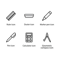 Ruler, Duster, Marker pen, Pen, Calculator, compass, icon