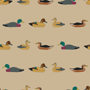 Vintage Decoy Ducks in Stripes on a Khaki Tan Background creating a seamless pattern print