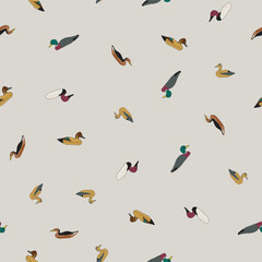 Ditsy Vintage Decoy Ducks Tossed on a Chalk Gray Background creating a seamless pattern print