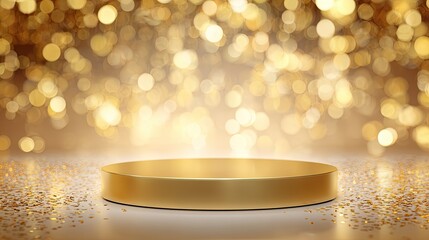 Celebrate success with this stunning golden podium surrounded by shimmering bokeh lights and festive confetti, perfect for award ceremonies or product launches.