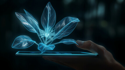 Glowing blue holographic plant projection from smartphone in hand