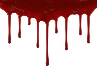 Viscous red liquid dripping downward against a black background