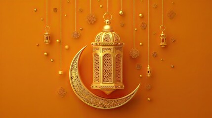 Stunning golden Ramadan lantern and crescent moon sparkle with intricate patterns, creating an elegant Islamic celebration backdrop with festive hanging ornaments.