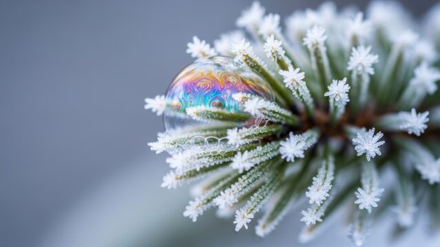 A frozen soap bubble with iridescent colors rests on frosty pine needles.