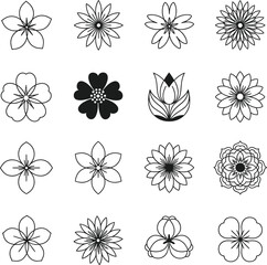 Sixteen different flower designs are displayed in a grid, isolated on white background