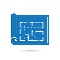 A rolled blue blueprint icon displaying a white architectural floor plan for a house or building project.