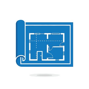 A rolled blue blueprint icon displaying a white architectural floor plan for a house or building project.