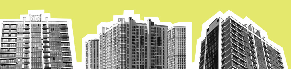 apartment building in modern architectural design with geometric facade and contrasting skyline.
