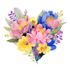 Heart-shaped floral bouquet in watercolor style.  Soft pinks, blues, and yellows create a vibrant display of peonies, wildflowers, and leaves.  