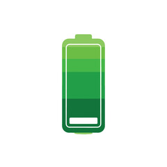 A vibrant green battery icon displaying a high charge level with four filled segments, set against a clean white background.