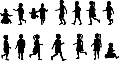 set of children silhouettes, baby silhouette, boy, girl
