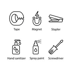 Tape, Magnet, Stapler, Hand sanitizer, Spray paint, Screwdriver, icon