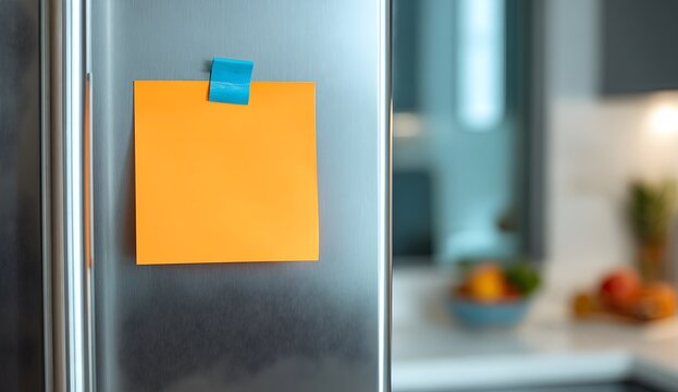 Orange sticky note held by a blue magnet on a stainless steel fridge in a modern kitchen. Reminder, organization or message concept with blurred home background