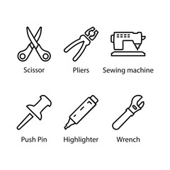 Scissor, Pliers, Sewing machine, Push Pin, Highlighter, Wrench, icon