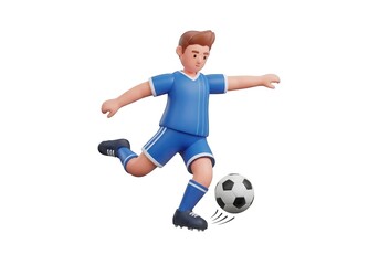 Cartoon soccer player kicking ball isolated on white background