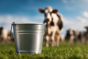 A close-up of a shiny silver bucket stands prominently in the foreground, with a herd of cows in the background, suggesting the gathering of milk. A peaceful rural setting under a bright blue sky.