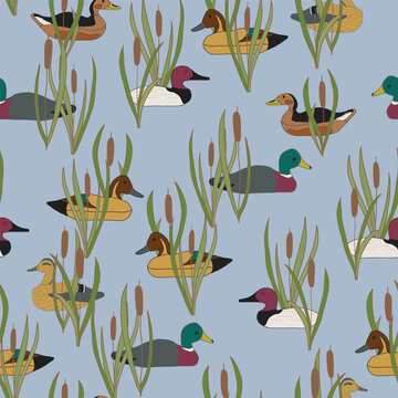 Vintage Decoy Ducks in Cattails on a Sky Blue Background creating a seamless pattern print