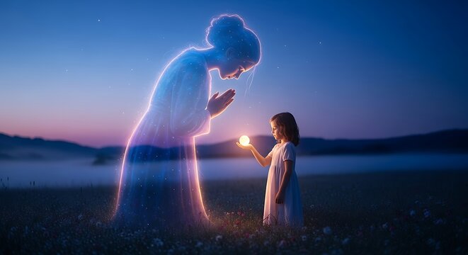 Enchanting Encounter A Gentle Spirit Shares Luminescence With A Young Child Under The Twilight Sky