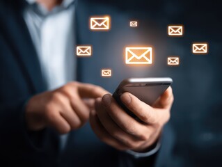 Businessman using email on smartphone with notification alerts for business email online communication and digital marketing. Email notifications in your inbox