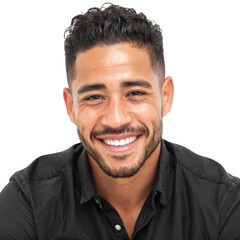 Obraz premium A smiling man with short, curly dark hair and a beard, wearing a black shirt against a transparent background. background removed