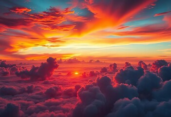 Dreamy sunset cloudscape panorama, vibrant colors, fiery hues, atmospheric, blue, beautiful
