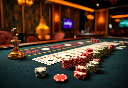 Elegant casino gaming table with cards and chips, baccarat, casino