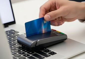 Close-up: Hand Inserting Credit Card into Portable Terminal for Secure Online Payment.