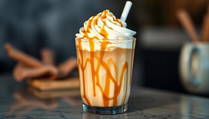 Iced coffee with whipped cream, coffee-milk drizzle, drink, caffeine