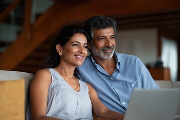 Happy mature asian couple relaxing on sofa with laptop in cozy home setting