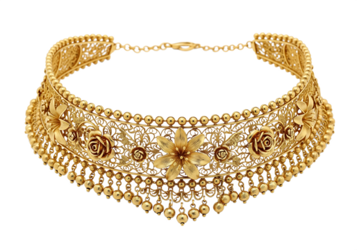 Ornate Gold Filigree Choker Necklace with Floral Motifs and Dangling Beads isolated on a transparent background