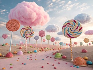 A colorful candy land landscape with whimsical lollipops and pastel clouds creates a sweet and imaginative dreamscape, generated by artificial intelligence