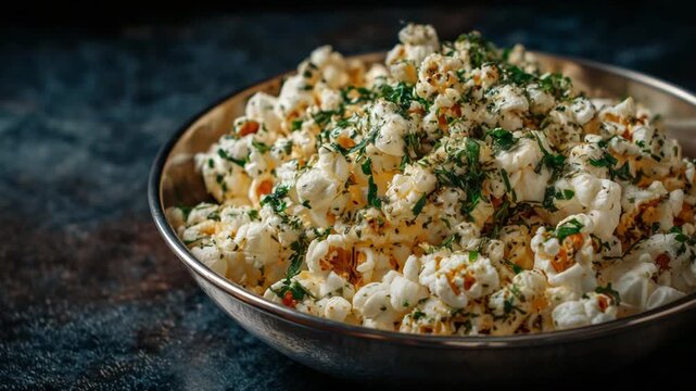 Savory garlic herb popcorn in a stainless steel bowl, styled for culinary photography with vibrant colors against a dark backdrop.