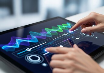 Creative Hands Adjusting Digital Sound Waves on a Tablet Interface for Music Production