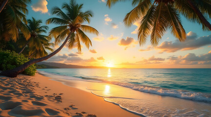 Radiant sunrise breaking over calm tropical bay with palm trees, sandy beach, and gentle waves creating peaceful and warm atmosphere