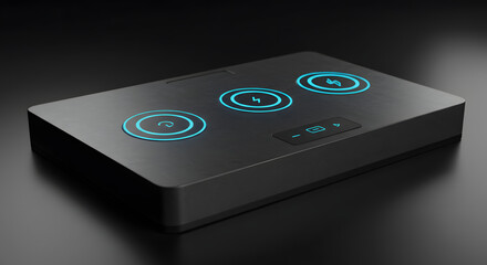 Sleek futuristic device with glowing blue icons for charging, power, and music controls, perfect for tech concepts.
