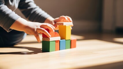 Fototapeta premium A child's hands knocking over a tower of colorful wooden blocks.