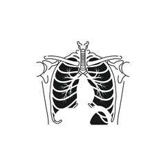 Anatomical illustration of a human rib cage and lungs, depicted in black and white outline.