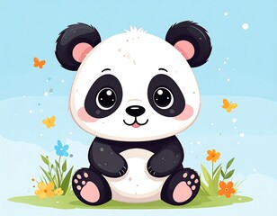 Cute panda sitting amongst flowers and butterflies.