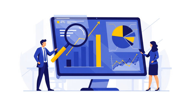 Businesspeople analyze data charts displayed on a large computer screen, symbolizing data analysis, market research, and business growth
