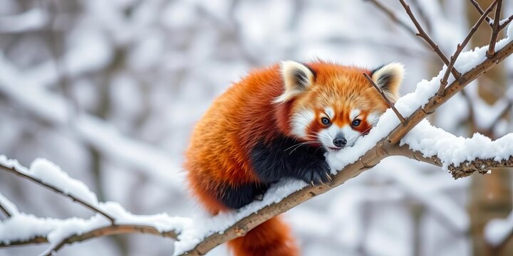 A fluffy red panda playfully balances on a snow-laden branch, wildlife, agile