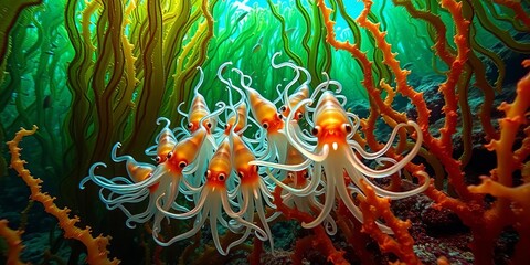 A playful squid aggregation amidst vibrant kelp forest, exhibiting dynamic movement and interaction, squid,  kelp forest