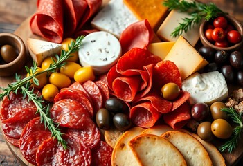 Fototapeta premium Artisan Italian charcuterie board featuring salami, camembert, olives & cheeses, tasty, cheese board
