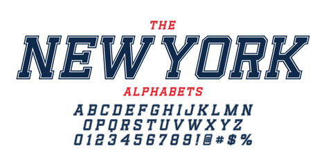 Classic college font. Vintage sport serif font in american style for football, soccer, baseball and basketball. Alphabet and numbers with outline in varsity style
