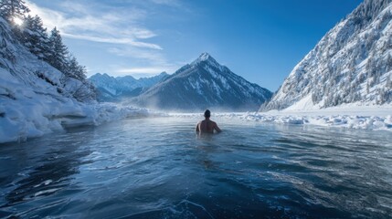 A man is swimming in a cold river. The water is icy and the sky is clear. The man is wearing only a shirt and shorts