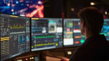A man is sitting in front of a computer monitor with three screens. He is wearing glasses and he is focused on the screens. The screens are displaying various data and graphs