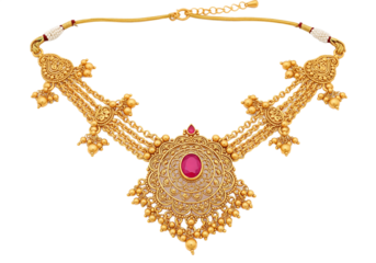 Ornate gold necklace with intricate detailing and a central ruby gemstone isolated on a transparent background